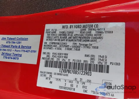 2011 Ford Mustang Gt Premium из США, поврежденный, VIN 1ZVBP8CF0B5123903